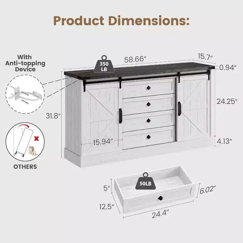 Meuble buffet avec rangement, meuble TV de style rustique avec porte coulissante en forme de grange, grande table de buffet pour salle à manger, cuisine et salon