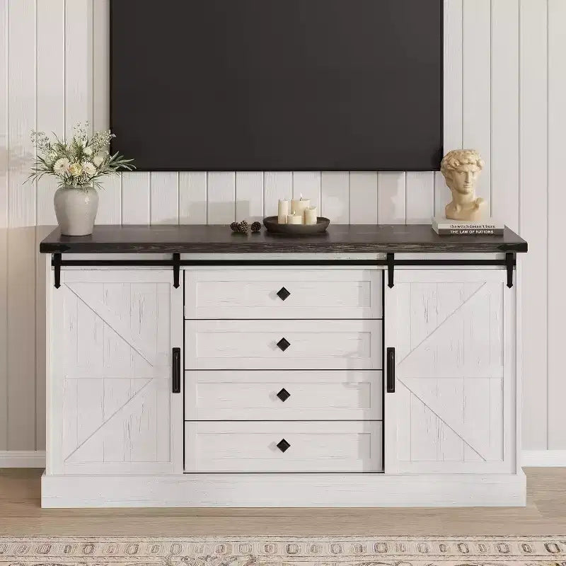 Meuble buffet avec rangement, meuble TV de style rustique avec porte coulissante en forme de grange, grande table de buffet pour salle à manger, cuisine et salon