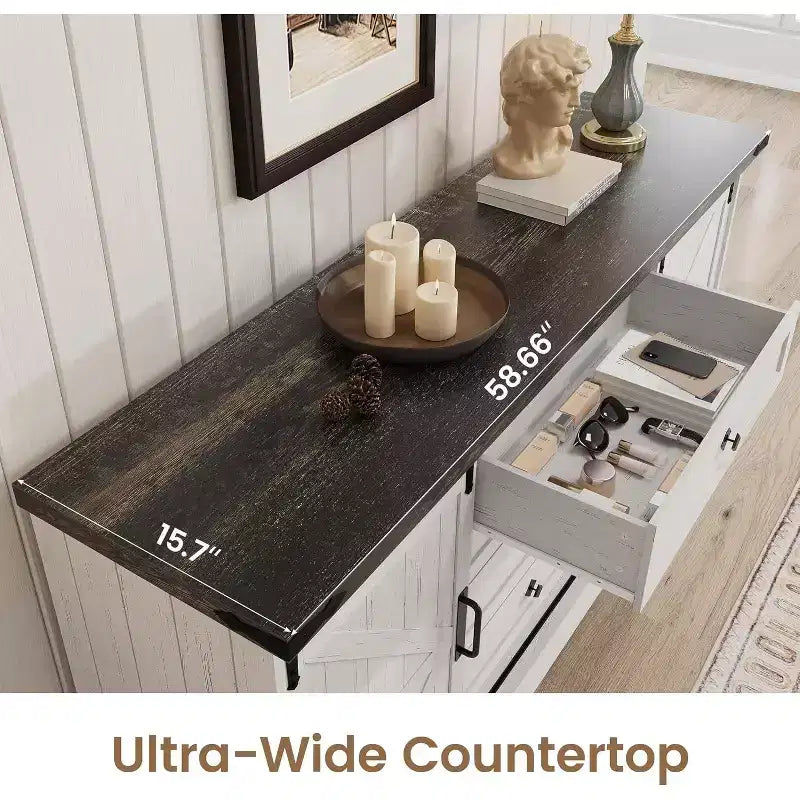 Meuble buffet avec rangement, meuble TV de style rustique avec porte coulissante en forme de grange, grande table de buffet pour salle à manger, cuisine et salon
