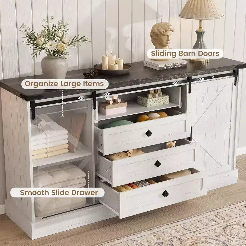 Meuble buffet avec rangement, meuble TV de style rustique avec porte coulissante en forme de grange, grande table de buffet pour salle à manger, cuisine et salon