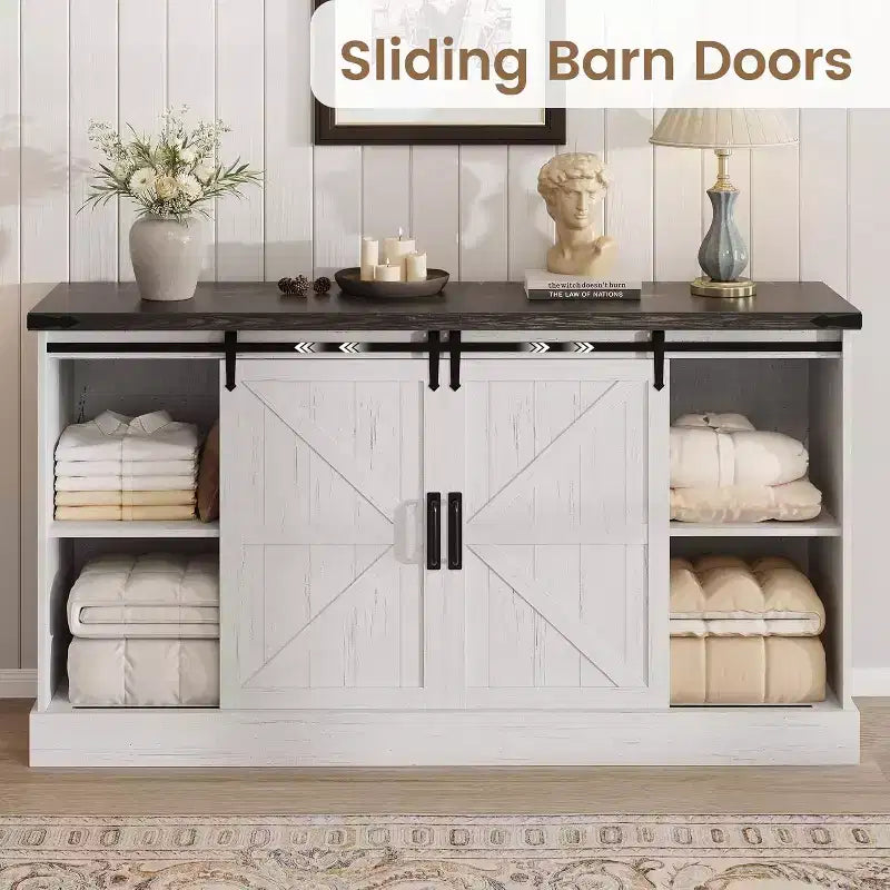 Meuble buffet avec rangement, meuble TV de style rustique avec porte coulissante en forme de grange, grande table de buffet pour salle à manger, cuisine et salon