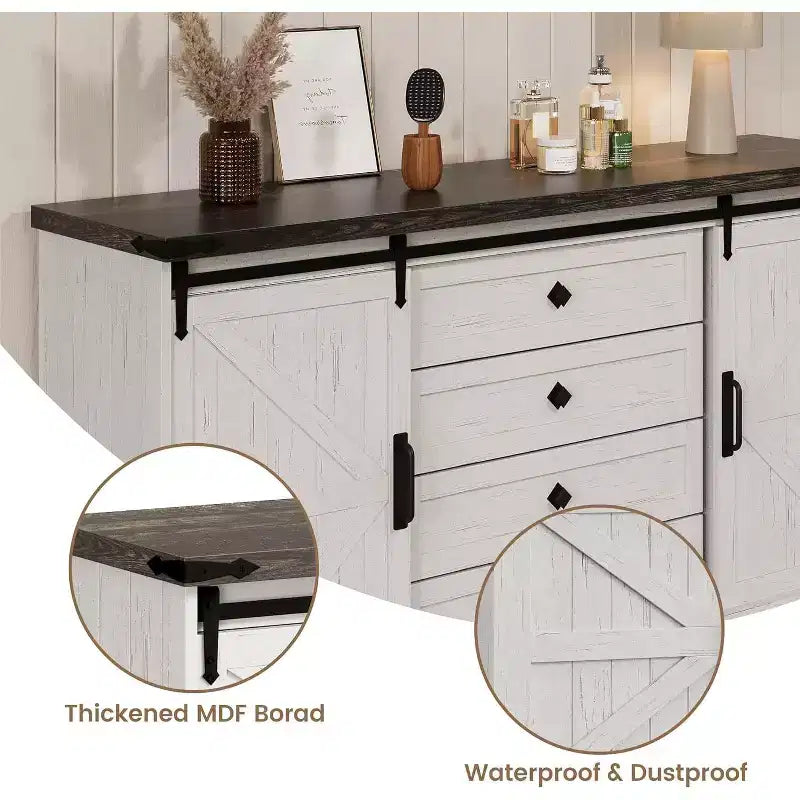 Meuble buffet avec rangement, meuble TV de style rustique avec porte coulissante en forme de grange, grande table de buffet pour salle à manger, cuisine et salon