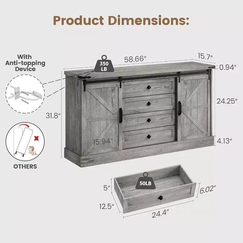 Meuble buffet avec rangement, meuble TV de style rustique avec porte coulissante en forme de grange, grande table de buffet pour salle à manger, cuisine et salon
