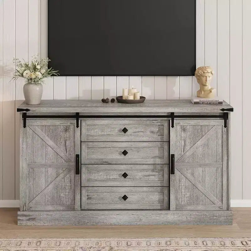Meuble buffet avec rangement, meuble TV de style rustique avec porte coulissante en forme de grange, grande table de buffet pour salle à manger, cuisine et salon