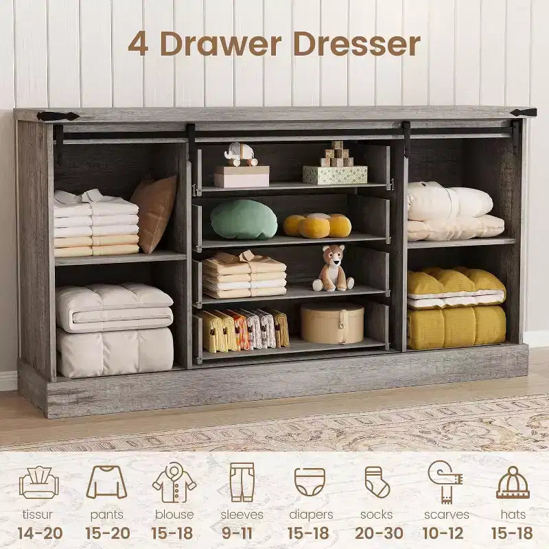 Meuble buffet avec rangement, meuble TV de style rustique avec porte coulissante en forme de grange, grande table de buffet pour salle à manger, cuisine et salon