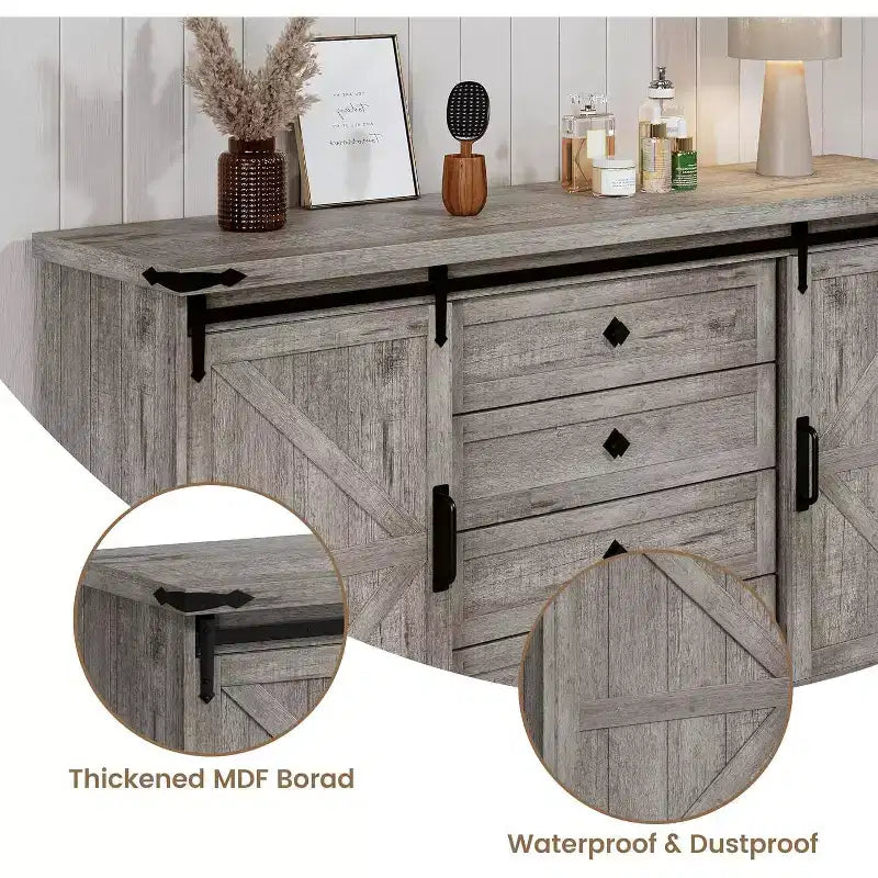 Meuble buffet avec rangement, meuble TV de style rustique avec porte coulissante en forme de grange, grande table de buffet pour salle à manger, cuisine et salon