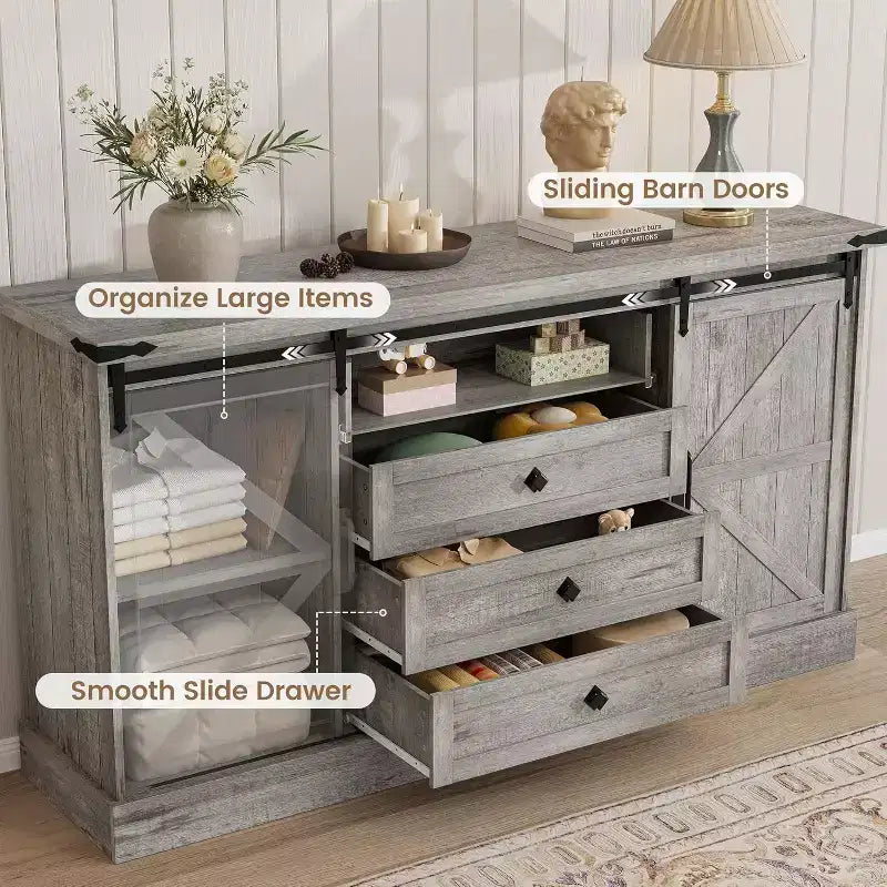 Meuble buffet avec rangement, meuble TV de style rustique avec porte coulissante en forme de grange, grande table de buffet pour salle à manger, cuisine et salon