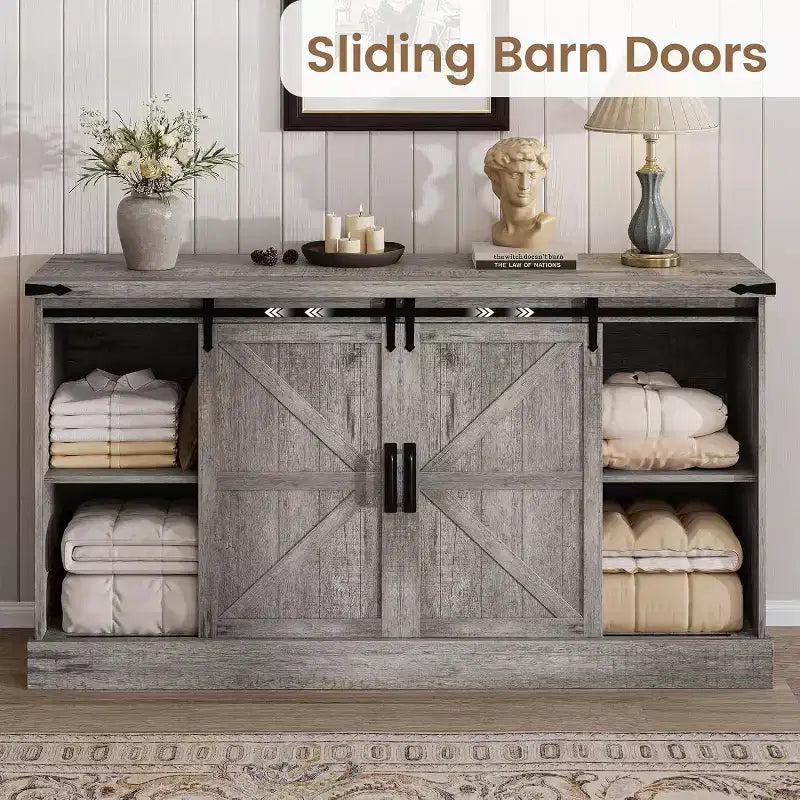Meuble buffet avec rangement, meuble TV de style rustique avec porte coulissante en forme de grange, grande table de buffet pour salle à manger, cuisine et salon