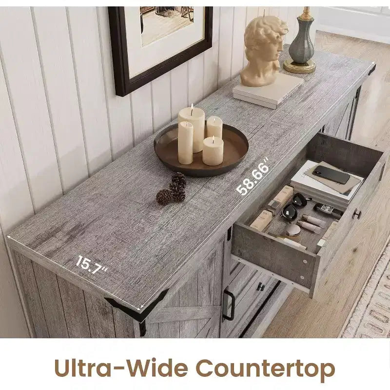 Meuble buffet avec rangement, meuble TV de style rustique avec porte coulissante en forme de grange, grande table de buffet pour salle à manger, cuisine et salon
