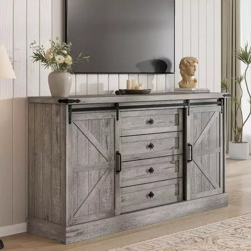 Meuble buffet avec rangement, meuble TV de style rustique avec porte coulissante en forme de grange, grande table de buffet pour salle à manger, cuisine et salon