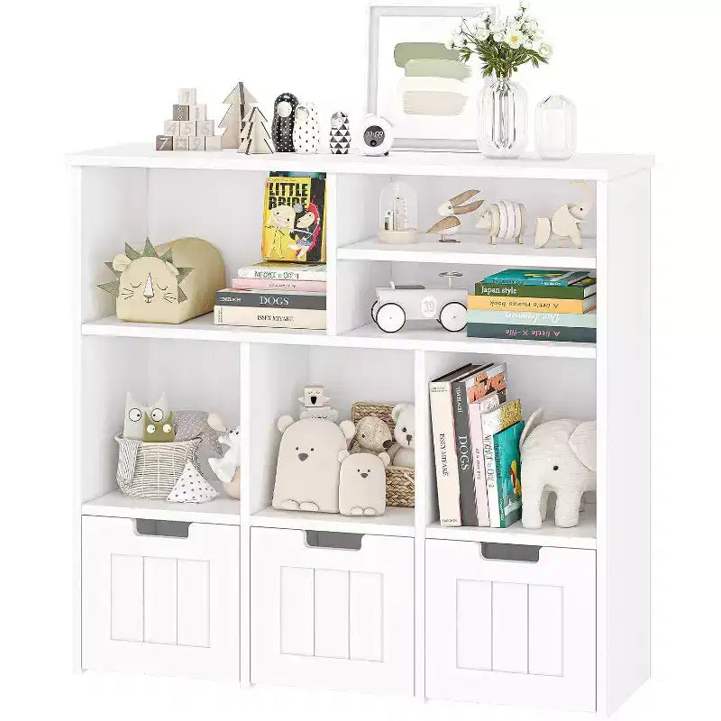 Bibliothèque enfant et meuble de rangement pour jouets, organisateur avec 3 tiroirs mobiles et roulettes cachées, 6 compartiments pour chambre à coucher, salle de jeux, crèche, blanc