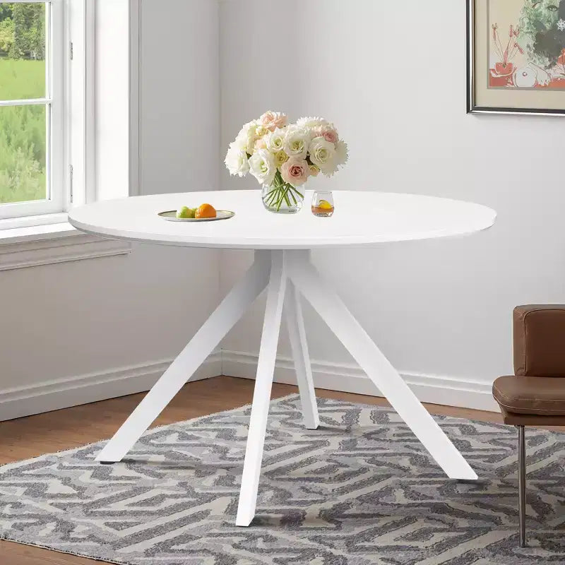 Table à manger ronde en bois 47 pouces, cadre métallique, convient pour 4 à 6 personnes, pour cuisine, salle à manger, salon, blanche