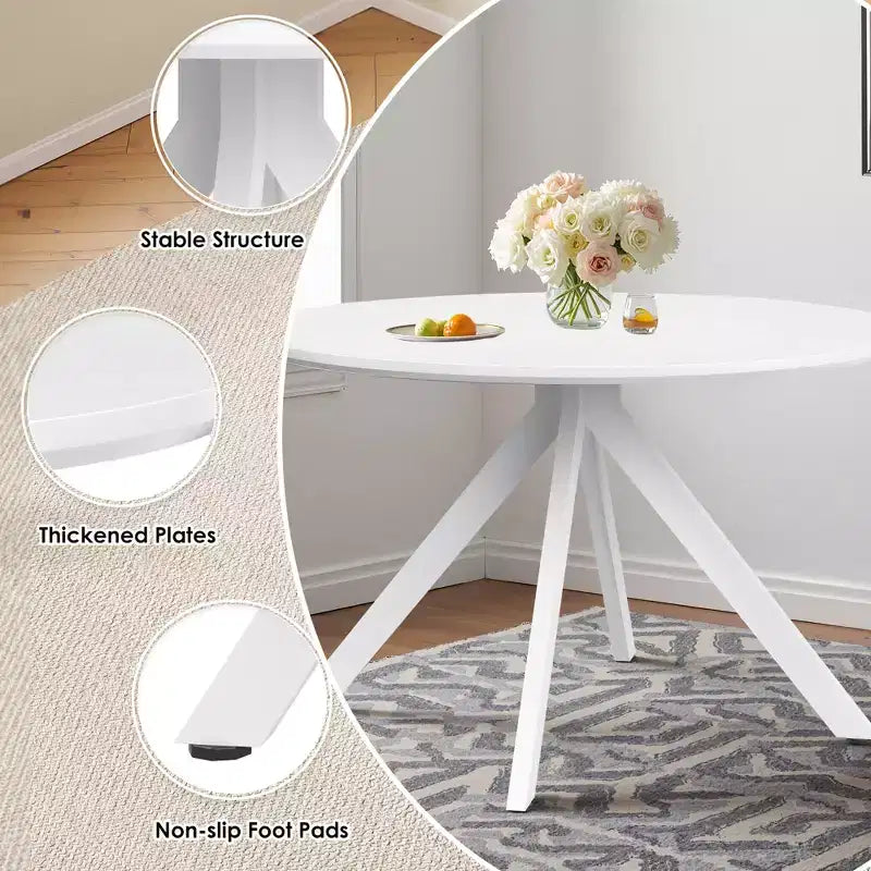Table à manger ronde en bois 47 pouces, cadre métallique, convient pour 4 à 6 personnes, pour cuisine, salle à manger, salon, blanche