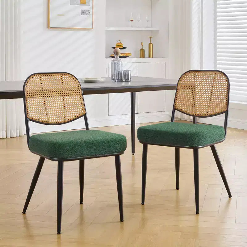 Chaises de salle à manger en rotin Chaises d'appoint modernes du milieu du siècle en tissu bouclette avec dossier en canne et pieds en métal pour cuisine