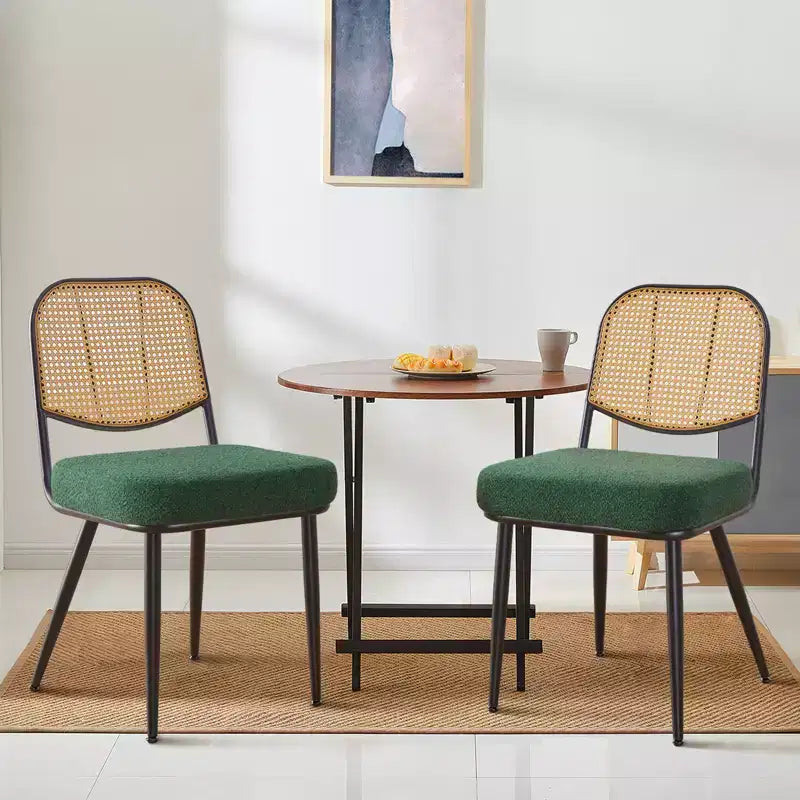 Chaises de salle à manger en rotin Chaises d'appoint modernes du milieu du siècle en tissu bouclette avec dossier en canne et pieds en métal pour cuisine