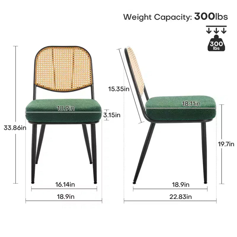 Chaises de salle à manger en rotin Chaises d'appoint modernes du milieu du siècle en tissu bouclette avec dossier en canne et pieds en métal pour cuisine