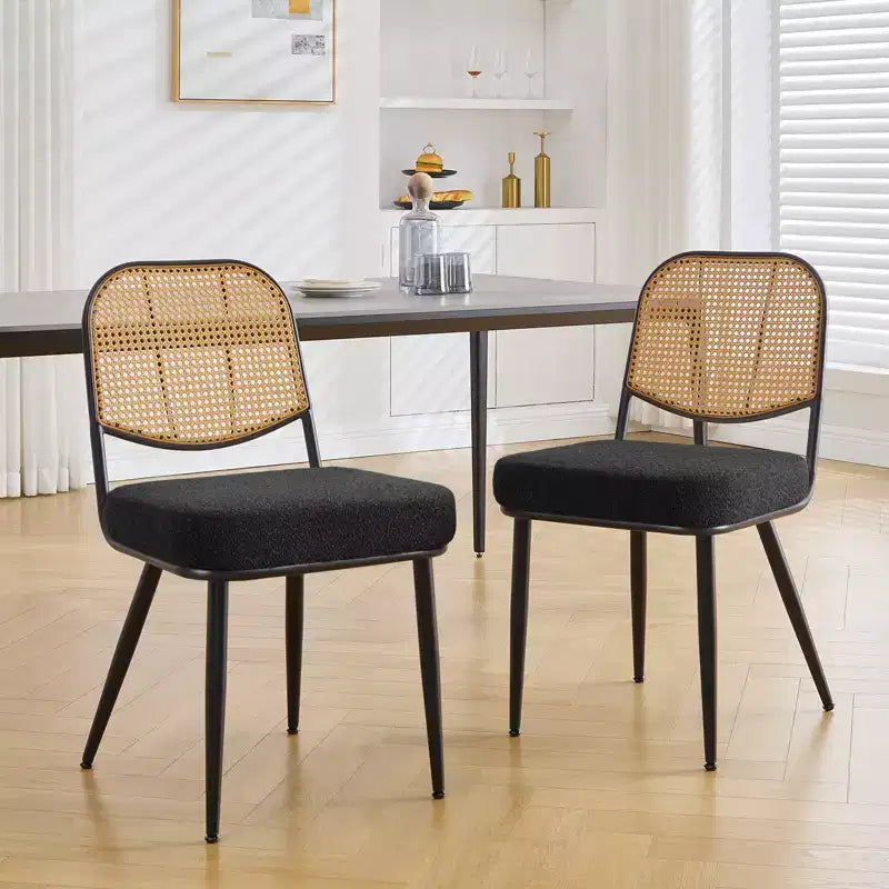 Chaises de salle à manger en rotin Chaises d'appoint modernes du milieu du siècle en tissu bouclette avec dossier en canne et pieds en métal pour cuisine