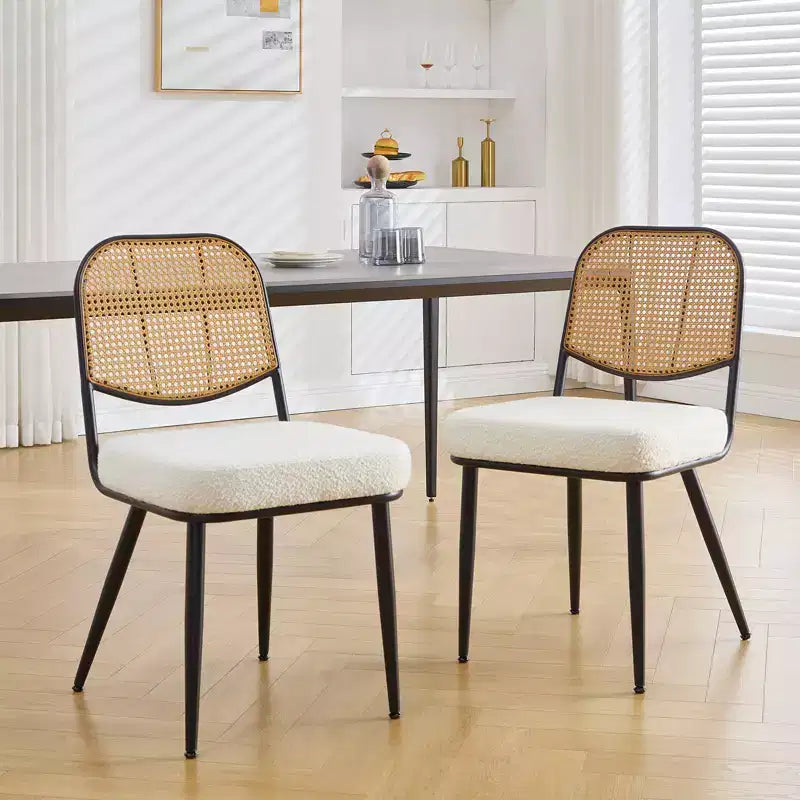 Chaises de salle à manger en rotin Chaises d'appoint modernes du milieu du siècle en tissu bouclette avec dossier en canne et pieds en métal pour cuisine