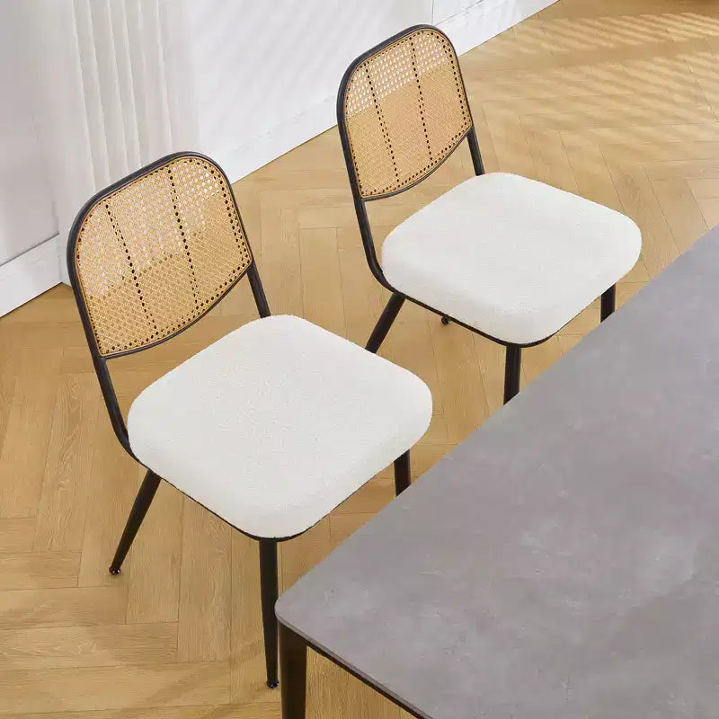 Chaises de salle à manger en rotin Chaises d'appoint modernes du milieu du siècle en tissu bouclette avec dossier en canne et pieds en métal pour cuisine