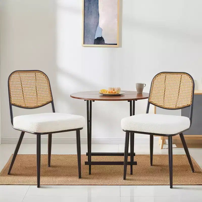 Chaises de salle à manger en rotin Chaises d'appoint modernes du milieu du siècle en tissu bouclette avec dossier en canne et pieds en métal pour cuisine