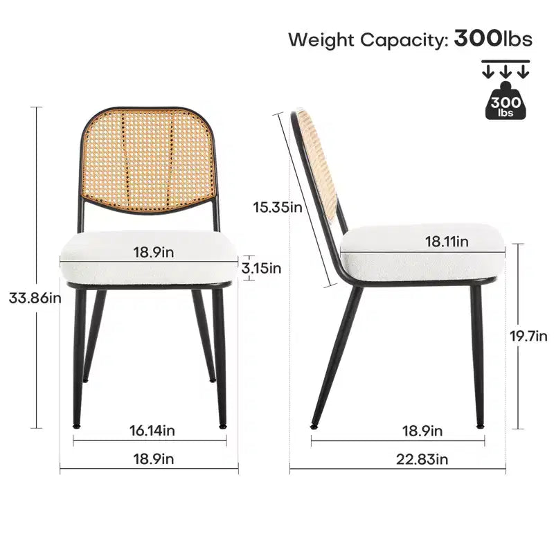 Chaises de salle à manger en rotin Chaises d'appoint modernes du milieu du siècle en tissu bouclette avec dossier en canne et pieds en métal pour cuisine