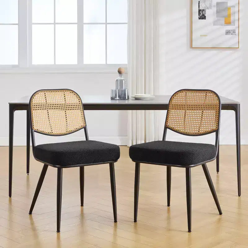 Chaises de salle à manger en rotin Chaises d'appoint modernes du milieu du siècle en tissu bouclette avec dossier en canne et pieds en métal pour cuisine
