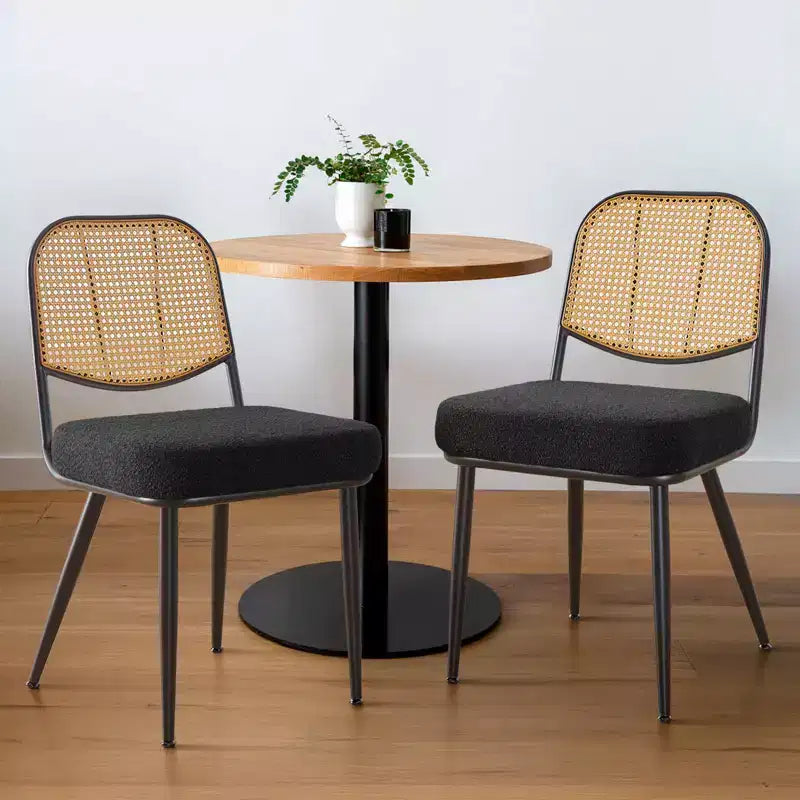 Chaises de salle à manger en rotin Chaises d'appoint modernes du milieu du siècle en tissu bouclette avec dossier en canne et pieds en métal pour cuisine