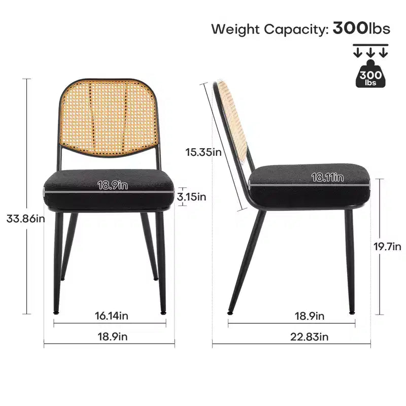 Chaises de salle à manger en rotin Chaises d'appoint modernes du milieu du siècle en tissu bouclette avec dossier en canne et pieds en métal pour cuisine