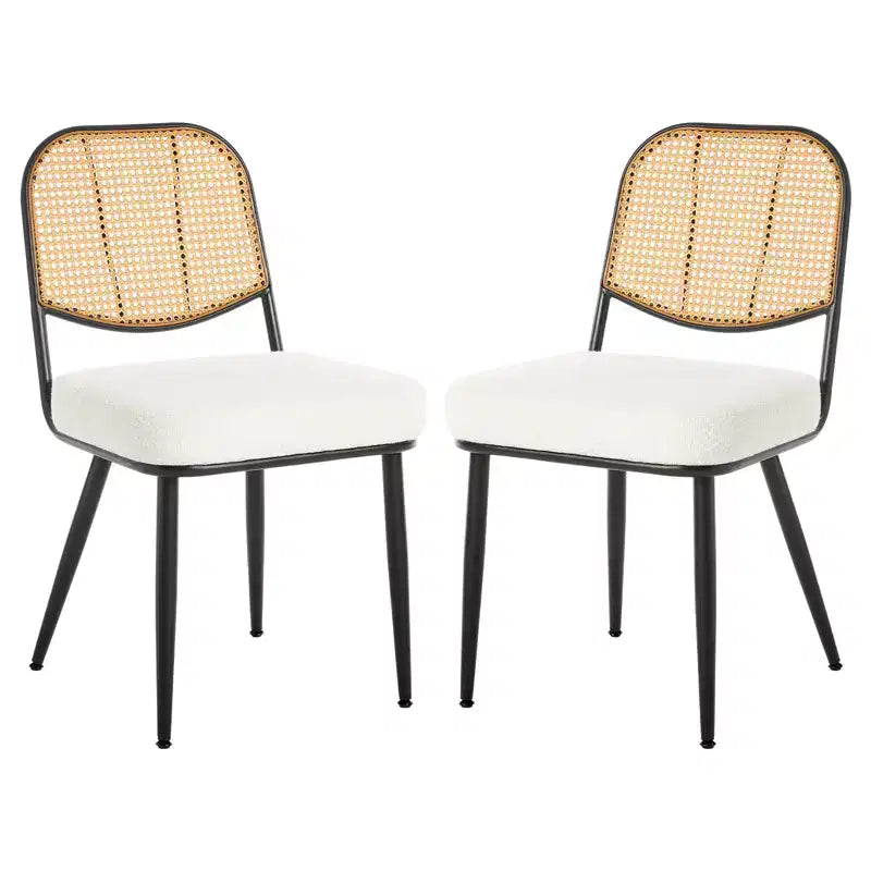 Chaises de salle à manger en rotin Chaises d'appoint modernes du milieu du siècle en tissu bouclette avec dossier en canne et pieds en métal pour cuisine