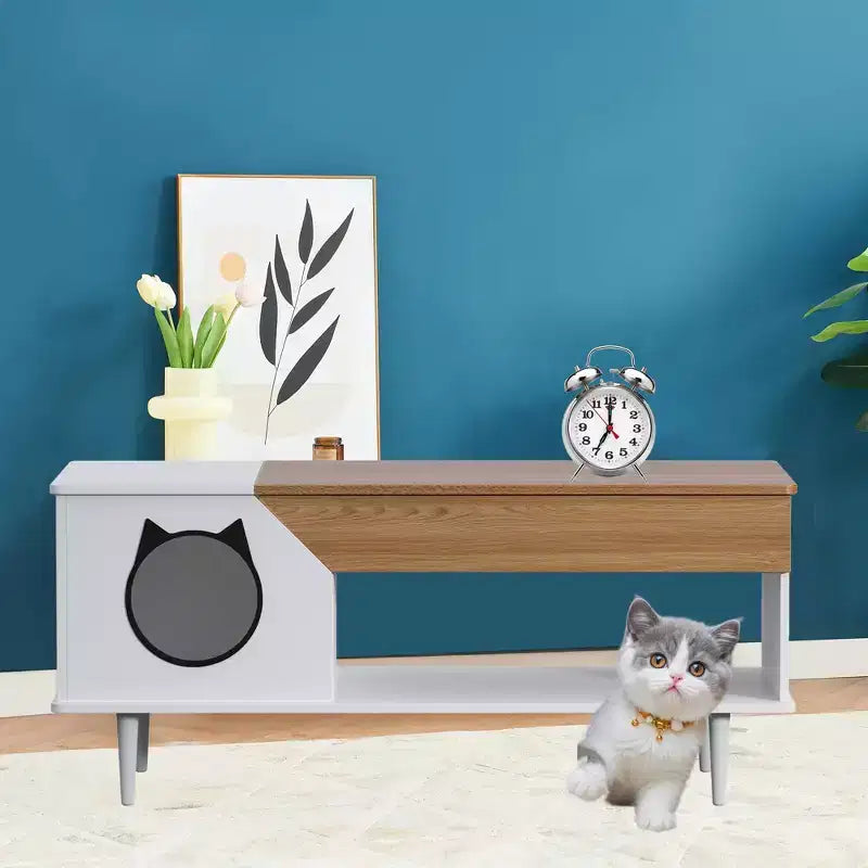 Table basse de 45 pouces, noire, avec tiroir de rangement, table basse de salon en bois rustique avec niche pour chat