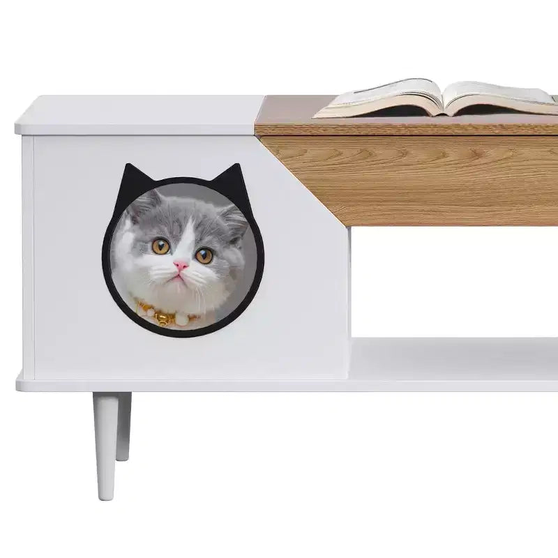 Table basse de 45 pouces, noire, avec tiroir de rangement, table basse de salon en bois rustique avec niche pour chat