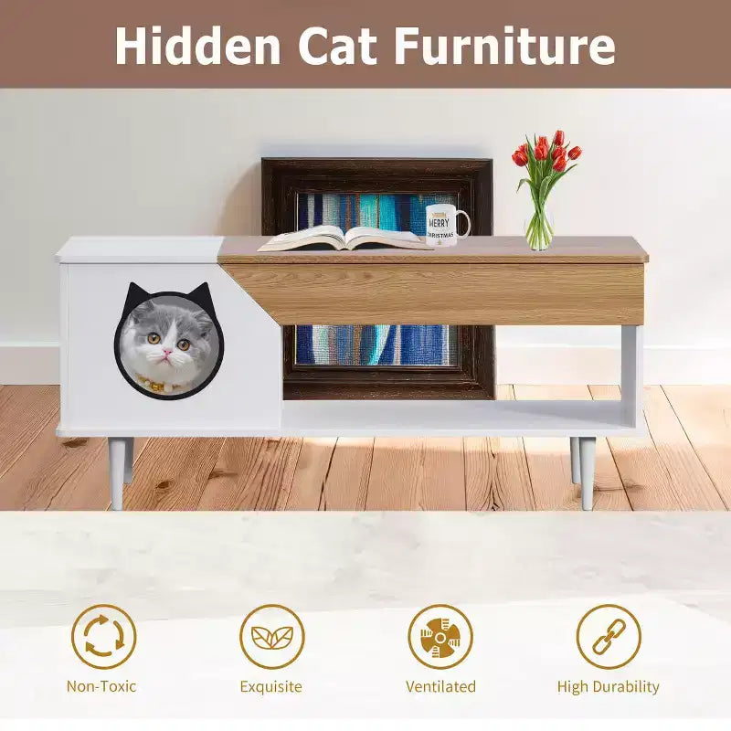 Table basse de 45 pouces, noire, avec tiroir de rangement, table basse de salon en bois rustique avec niche pour chat