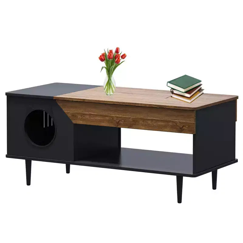 Table basse de 45 pouces, noire, avec tiroir de rangement, table basse de salon en bois rustique avec niche pour chat