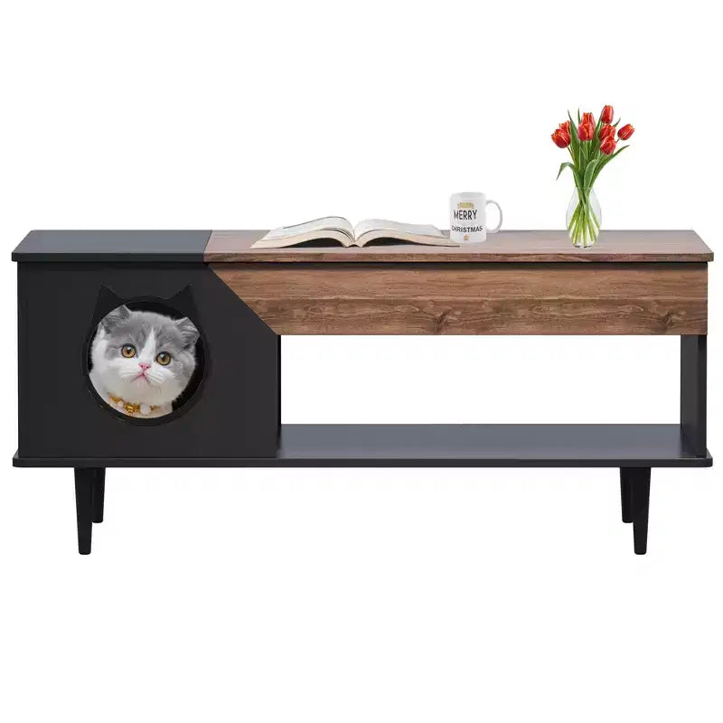 Table basse de 45 pouces, noire, avec tiroir de rangement, table basse de salon en bois rustique avec niche pour chat