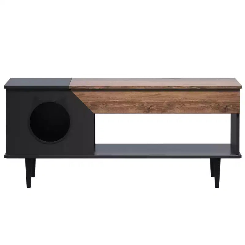 Table basse de 45 pouces, noire, avec tiroir de rangement, table basse de salon en bois rustique avec niche pour chat