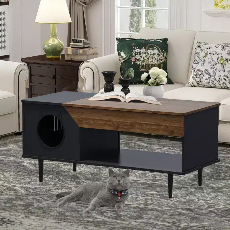 Table basse de 45 pouces, noire, avec tiroir de rangement, table basse de salon en bois rustique avec niche pour chat
