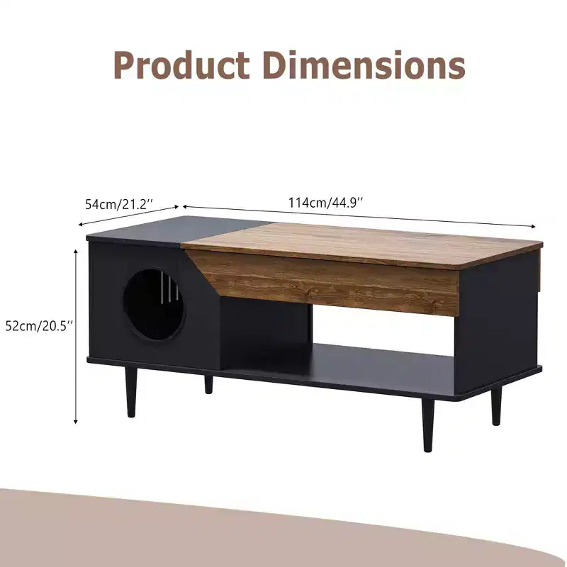 Table basse de 45 pouces, noire, avec tiroir de rangement, table basse de salon en bois rustique avec niche pour chat