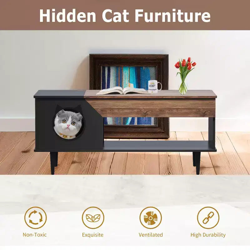 Table basse de 45 pouces, noire, avec tiroir de rangement, table basse de salon en bois rustique avec niche pour chat
