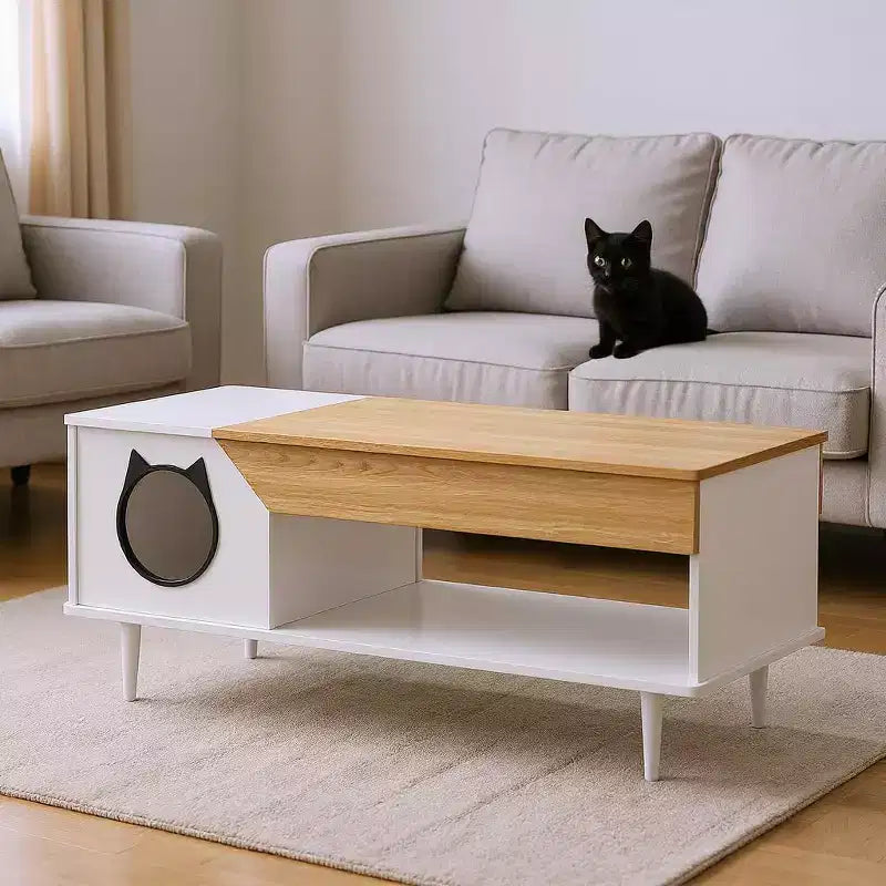 Table basse de 45 pouces, noire, avec tiroir de rangement, table basse de salon en bois rustique avec niche pour chat