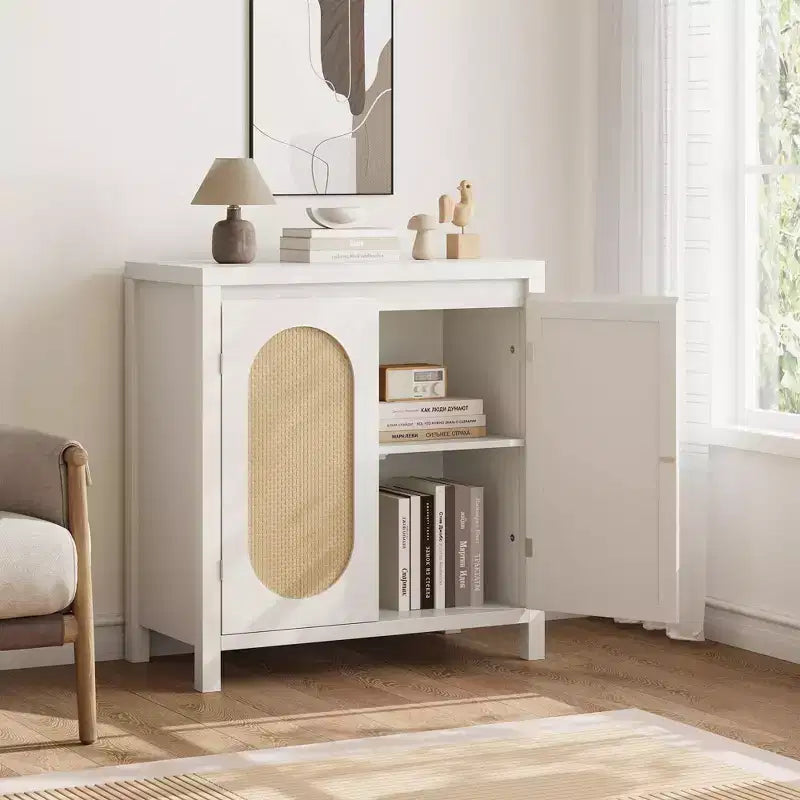 Buffet Enfilade Mid-Century - Meuble de Rangement Rétro avec Portes en Rotin et Étagère Réglable, Console d'Appoint pour Salon, Salle à Manger