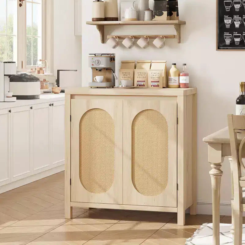 Buffet Enfilade Mid-Century - Meuble de Rangement Rétro avec Portes en Rotin et Étagère Réglable, Console d'Appoint pour Salon, Salle à Manger