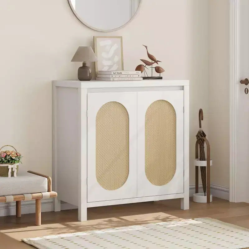 Buffet Enfilade Mid-Century - Meuble de Rangement Rétro avec Portes en Rotin et Étagère Réglable, Console d'Appoint pour Salon, Salle à Manger