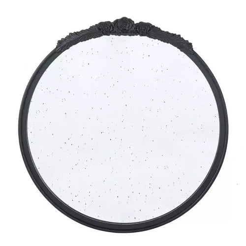 HomeRoots 30 Black Crowned Top Antiqued Glass Round Framed Accent Mirror
