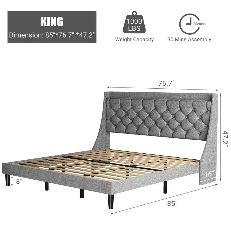 Cadre de lit King tapissé avec tête de lit à oreilles, revêtement en lin – capitonnage profond, étagère de rangement