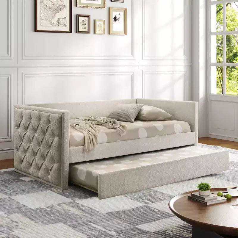 Canapé-Lit Jumeau Design Moderne avec Lit Gigogne et Plateforme Prête à Accueillir un Matelas en Bois Composite