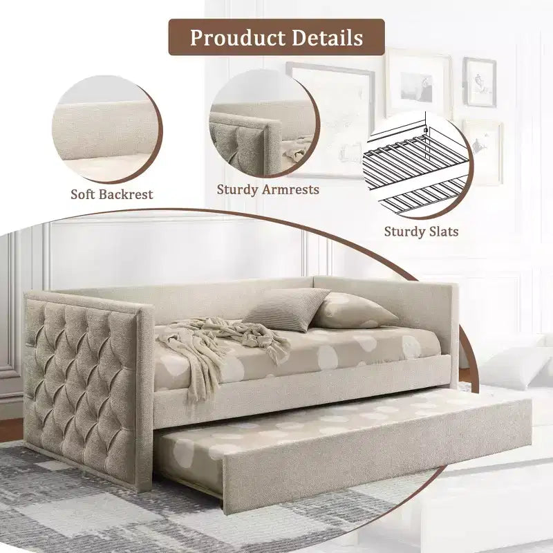 Canapé-Lit Jumeau Design Moderne avec Lit Gigogne et Plateforme Prête à Accueillir un Matelas en Bois Composite