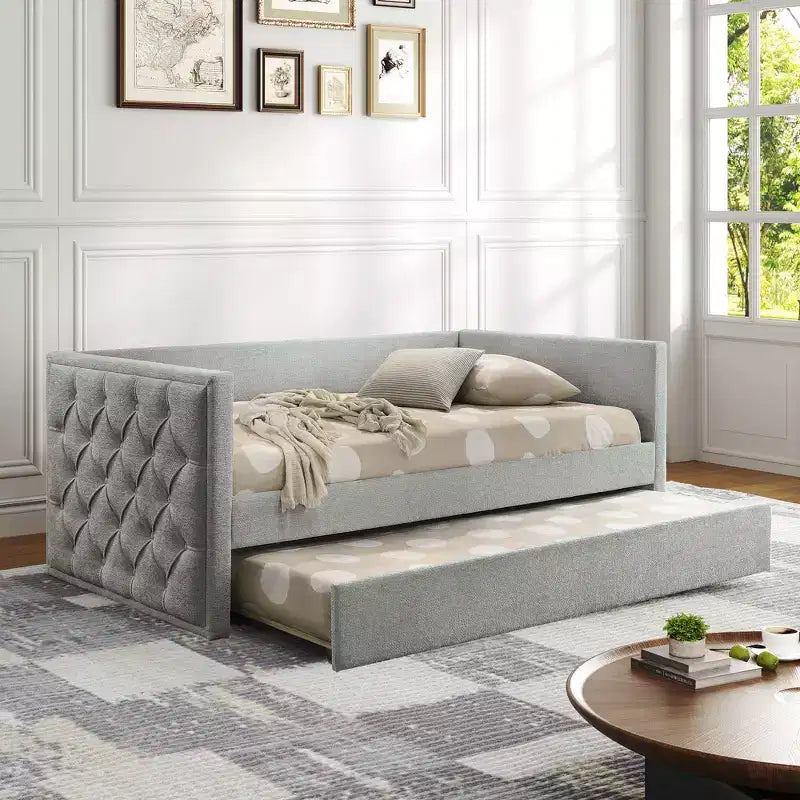Canapé-Lit Jumeau Design Moderne avec Lit Gigogne et Plateforme Prête à Accueillir un Matelas en Bois Composite