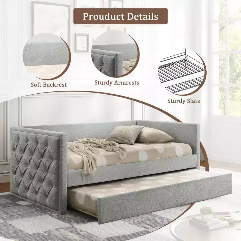 Canapé-Lit Jumeau Design Moderne avec Lit Gigogne et Plateforme Prête à Accueillir un Matelas en Bois Composite