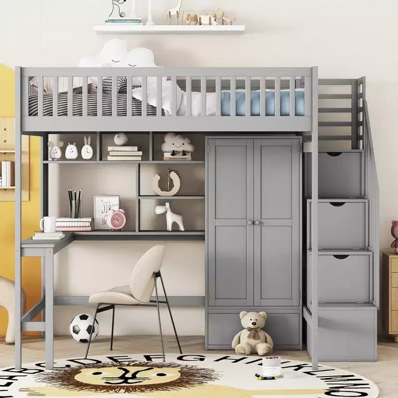 Lit mezzanine pleine grandeur avec armoire et bureau intégré, cadre de lit mezzanine haut en bois massif avec étagère de rangement pour enfants