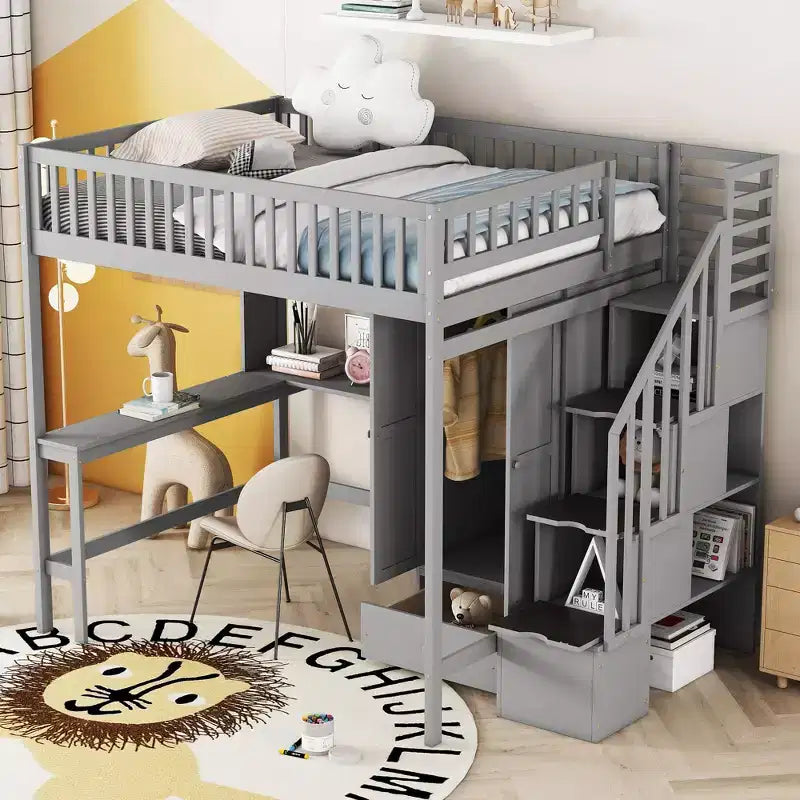 Lit mezzanine pleine grandeur avec armoire et bureau intégré, cadre de lit mezzanine haut en bois massif avec étagère de rangement pour enfants